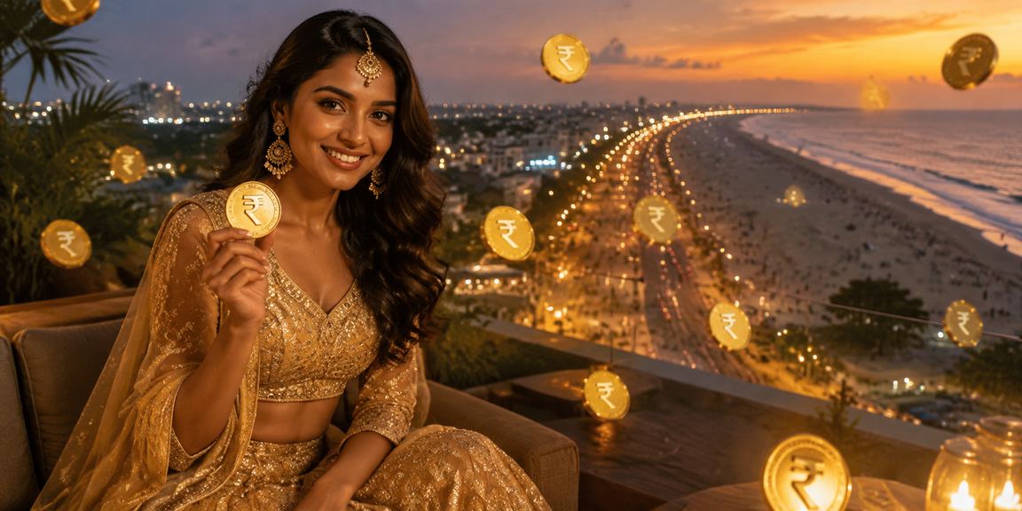 Neon-lit casino scene in Chennai with traditional Indian attire